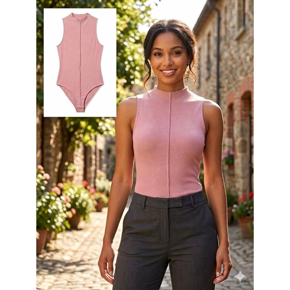 And Now This Mauve Sleeveless Mock Neck Bodysuit Stretch Snap Closure Size M